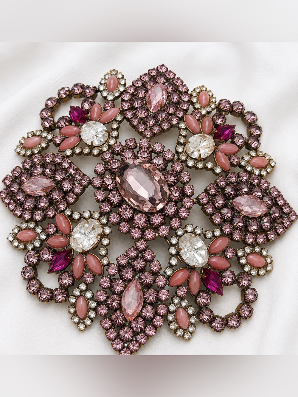 Massive Bijoux MG brooch Czech glass Pinks and Purples it Glows